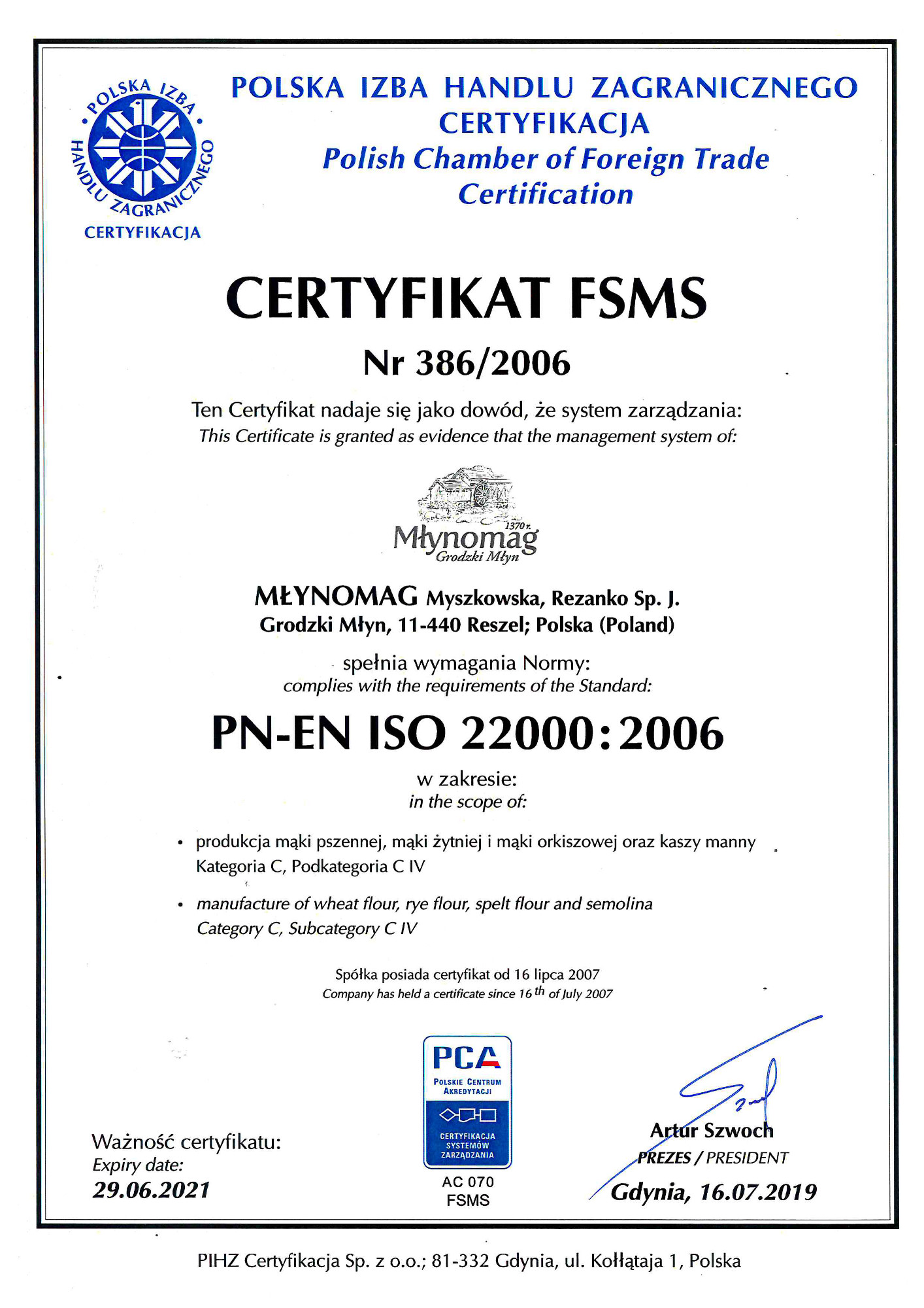 Certyfikat FSMS