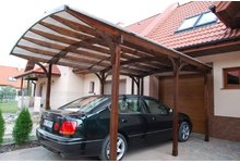 Drewniany garaż na 1 auto (łuki giętoklejone, zadaszenie, wiata na samochód, patio, taras) - zdjęcie