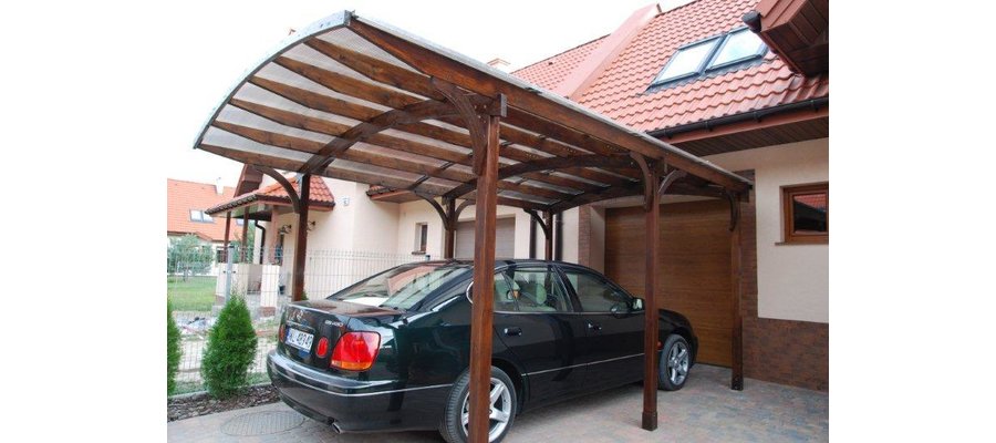 Drewniany garaż na 1 auto (łuki giętoklejone, zadaszenie, wiata na samochód, patio, taras) - zdjęcie