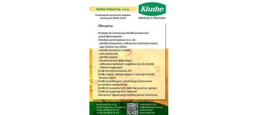 Kluthe GmbH,CNC, chłodziwa, farby, fosforanowanie, KTL, lakiery, odtłuszczanie, odlakierowywanie - zdjęcie