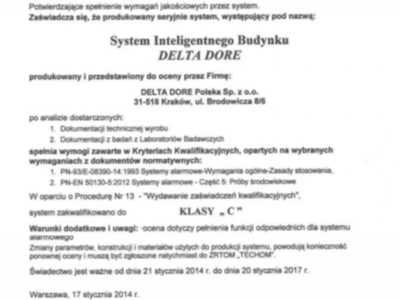 Certyfikat TECHOM dla systemu alarmowego DELTA DORE - zdjęcie
