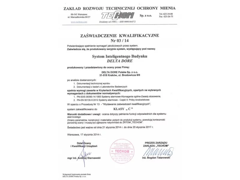 Certyfikat TECHOM dla systemu alarmowego DELTA DORE zdjęcie