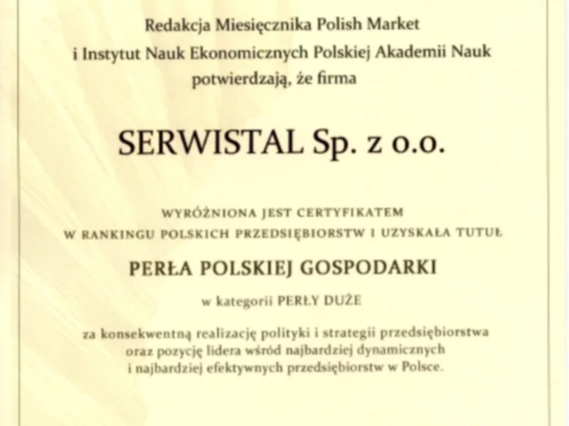 SERWISTAL po raz kolejny otrzymał tytuł Perły Polskiej Gospodarki - zdjęcie