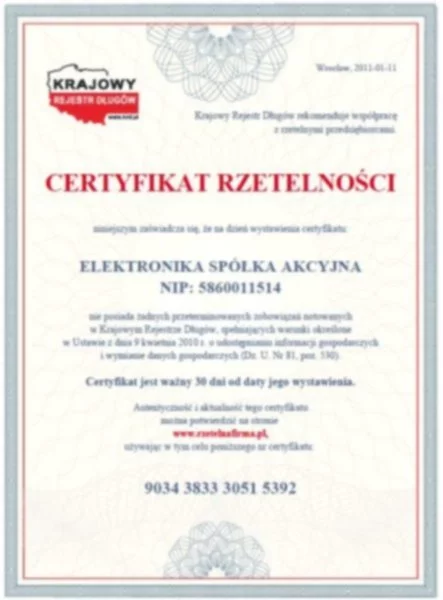 Certyfikat Rzetelności dla spółki ELEKTRONIKA S.A. z Gdyni - zdjęcie
