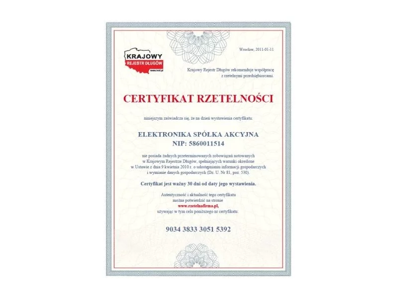 Certyfikat Rzetelności dla spółki ELEKTRONIKA S.A. z Gdyni zdjęcie