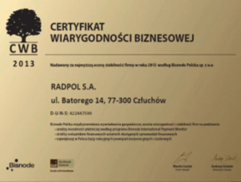 Radpol zdobył Certyfikat Wiarygodności Biznesowej - zdjęcie