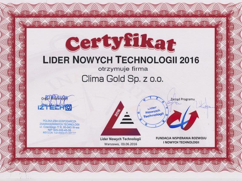 Lider Nowych Technologii 2016 - nagroda dla Clima Gold! - zdjęcie