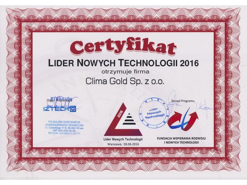 Lider Nowych Technologii 2016 - nagroda dla Clima Gold! zdjęcie