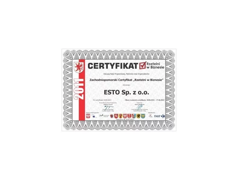 Producent opakowań kartonowych firma ESTO Sp. z .o.o. otrzymała Zachodniopomorski Certyfikat "Rzetelni w Biznesie" zdjęcie