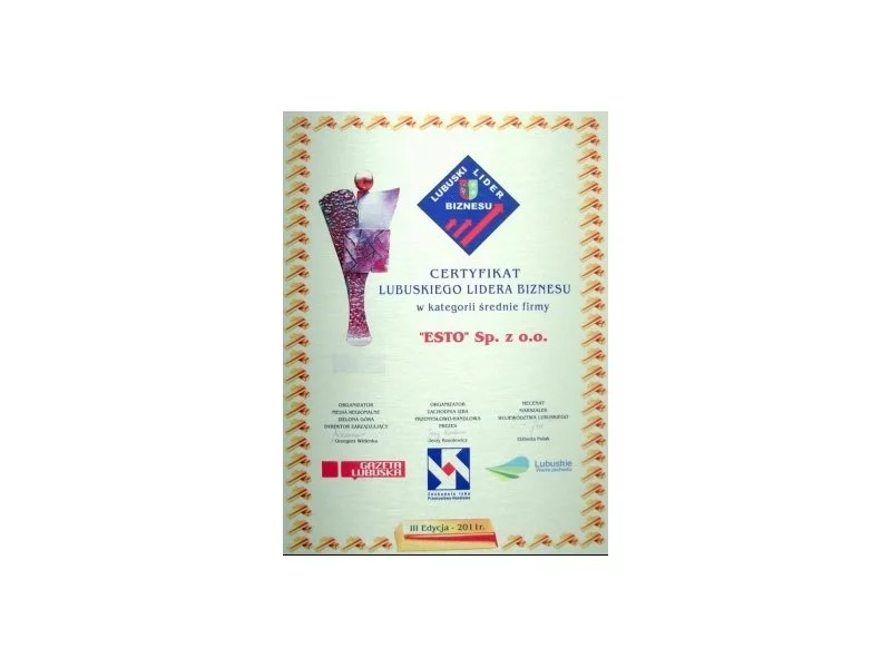 Firma ESTO Sp. z o.o. otrzymała certyfikat Lubuskiego Lidera Biznesu zdjęcie