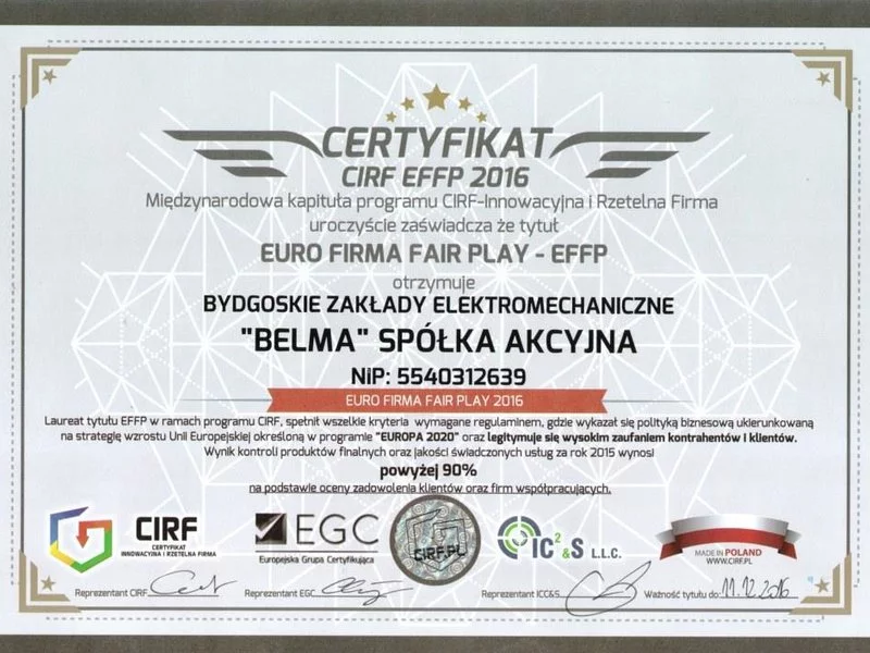 Certyfikat "Euro Firma Fair Play" dla BZE "BELMA" S.A. - zdjęcie