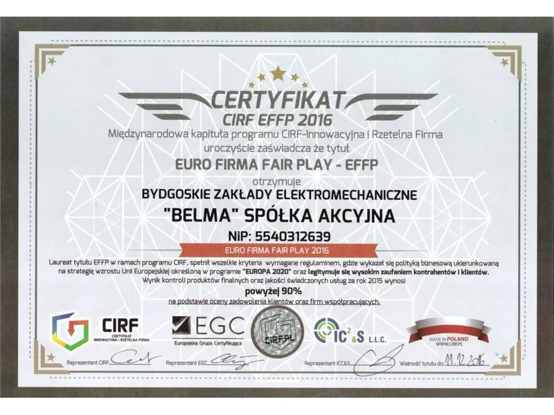 Certyfikat "Euro Firma Fair Play" dla BZE "BELMA" S.A. zdjęcie