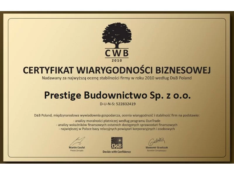 Certyfikat Wiarygodności Biznesowej dla Prestige zdjęcie