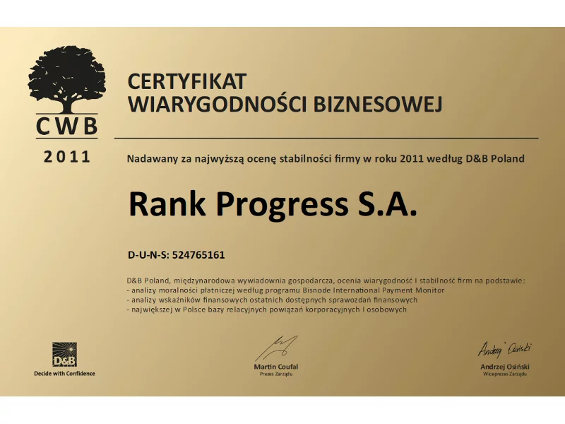 Rank Progress SA otrzymał Certyfikat Wiarygodności Biznesowej zdjęcie