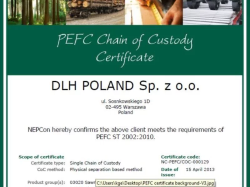 Produkty firmy DLH Poland posiadają certyfikat PEFC - zdjęcie
