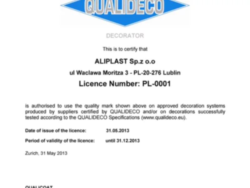 Certyfikat QUALIDECO - Aliplast PL-0001 - zdjęcie