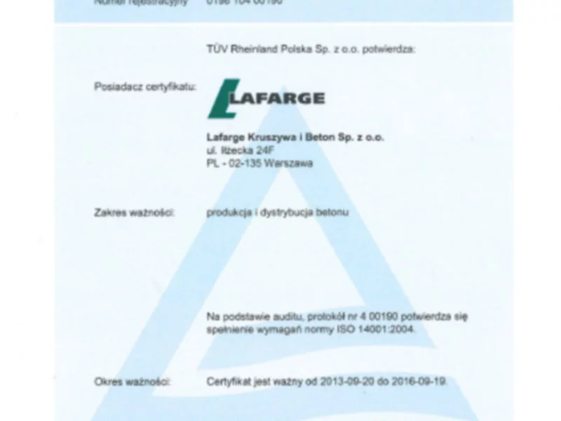 ISO środowiskowe dla Lafarge Kruszywa i Beton - zdjęcie