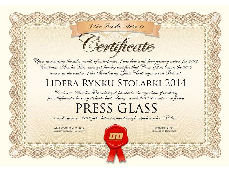 PRESS GLASS Liderem Rynku Stolarki 2014 zdjęcie