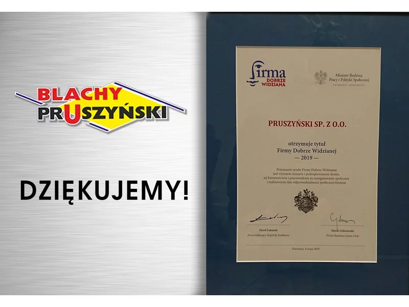 Tytuł Firmy Dobrze Widzianej 2019 przyznana firmie Pruszyński sp. z o.o. zdjęcie