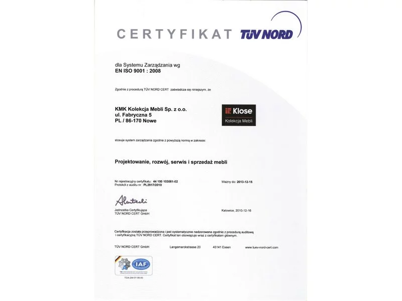 Międzynarodowy certyfikat ISO 9001:2008 dla Grupy Klose zdjęcie
