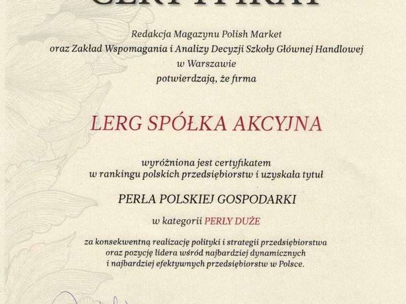 LERG wyróżniony tytułem Perły Polskiej Gospodarki - zdjęcie