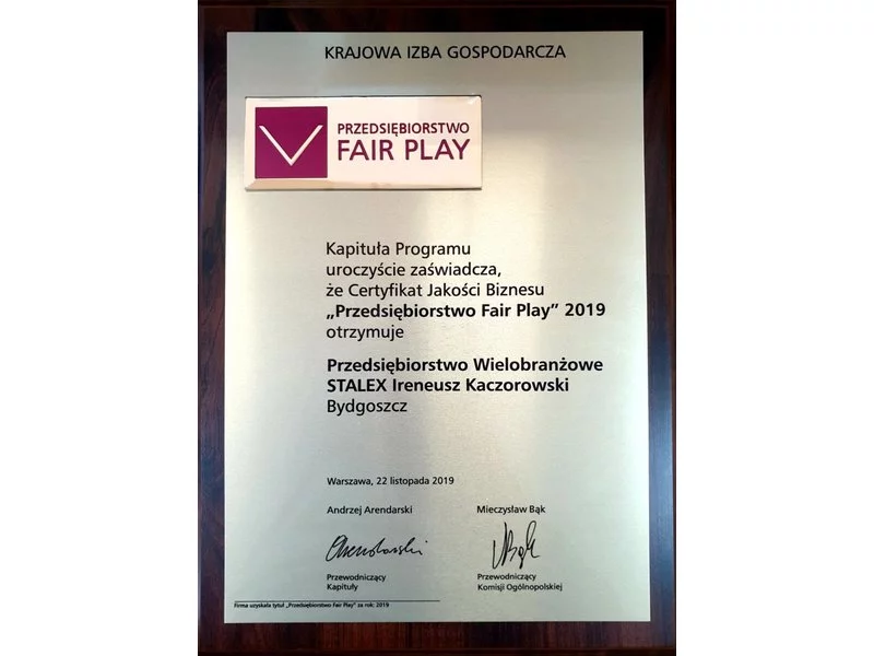 Certyfikat Przedsiębiorstwo Fair Play 2019 zdjęcie