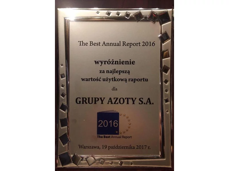 Grupa Azoty S.A. z wyróżnieniem w konkursie &#8222;The Best Annual Report&#8221; zdjęcie