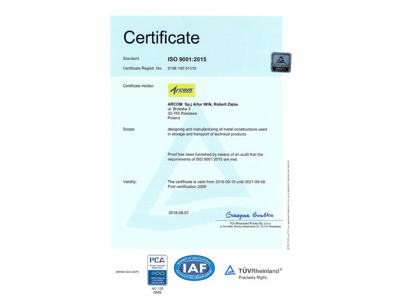 Arcom pozytywnie przeszedł certyfikację ISO 9001:2015 zdjęcie