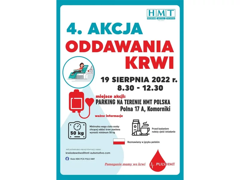 MMC Hardmetal Poland zaprasza do włączenia się do akcji oddawania krwi - 19 sierpnia br. w Komornikach k. Środy Śląskiej. zdjęcie