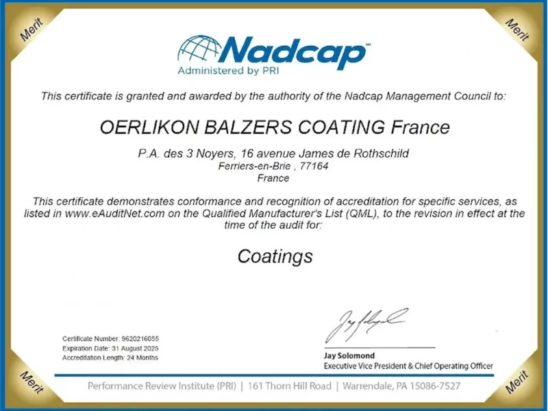 Oerlikon Balzers Francja – certyfikat Nadcap - zdjęcie