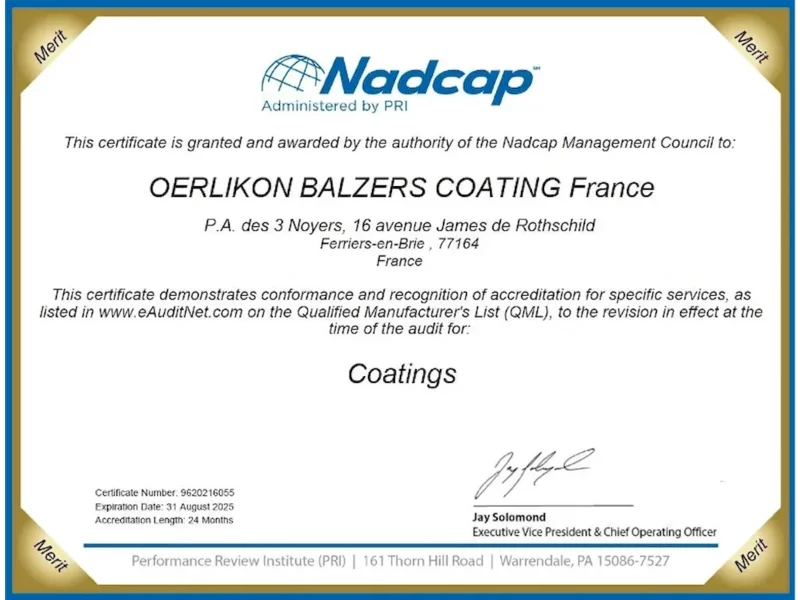 Oerlikon Balzers Francja – certyfikat Nadcap zdjęcie