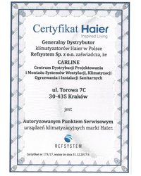 Certyfikat Autoryzowanego Punktu Serwisowego urządzeń klimatyzacyjnych Haier 2017 - zdjęcie