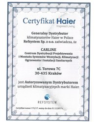 Certyfikat Autoryzowanego Dystrybutora urządzeń klimatyzacyjnych Haier 2017 - zdjęcie