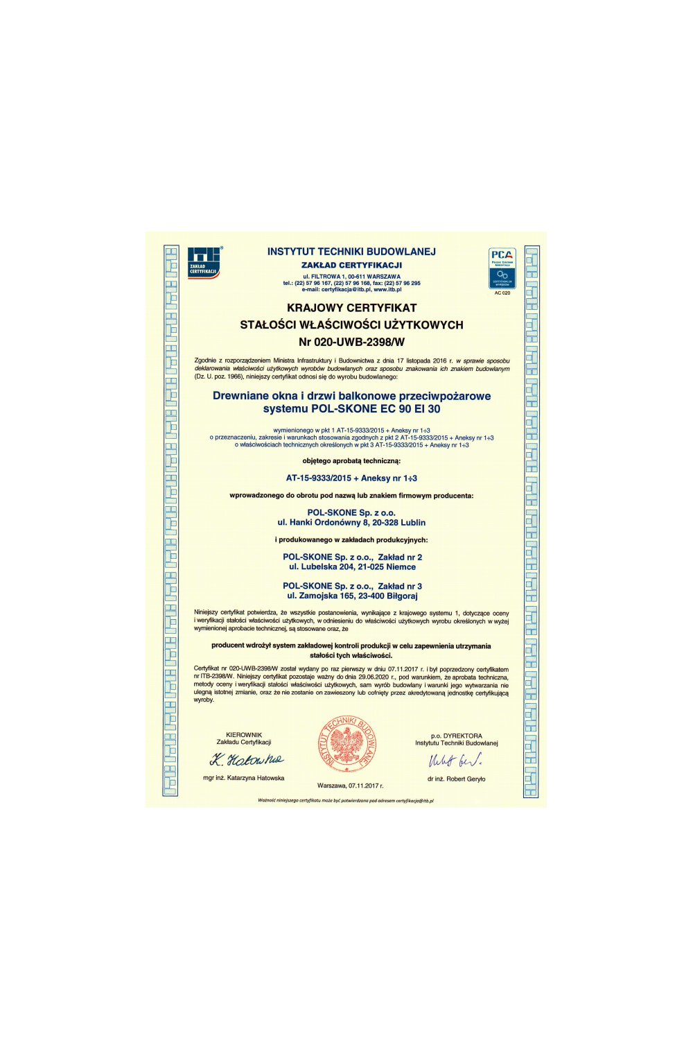 Krajowy certyfikat stałości użytkowych nr 020-UWB-2398/W - zdjęcie