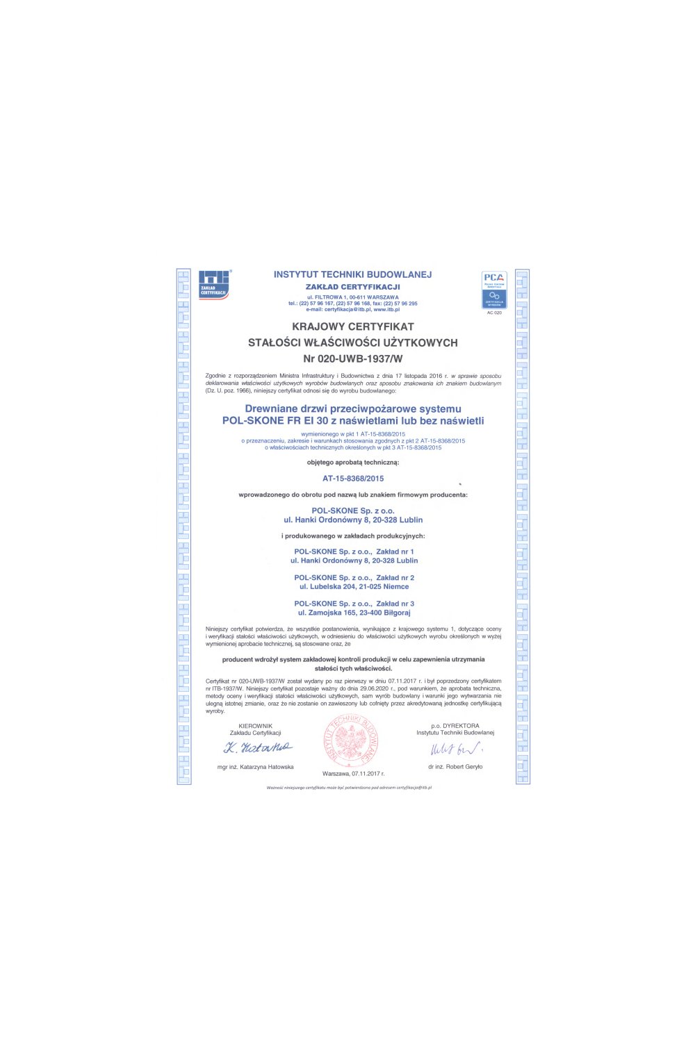 Krajowy certyfikat stałości właściwości użytkowych Nr 020-UWB-1937/W - zdjęcie