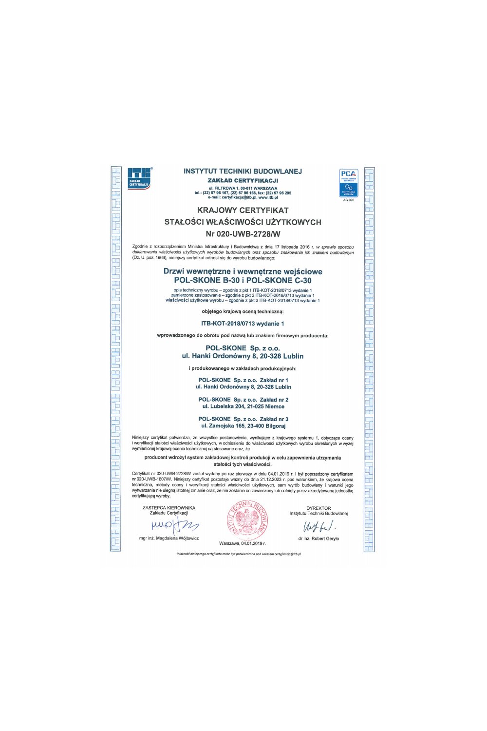 Krajowy certyfikat stałości właściwości użytkowych Nr 020-UWB-2728/W - zdjęcie