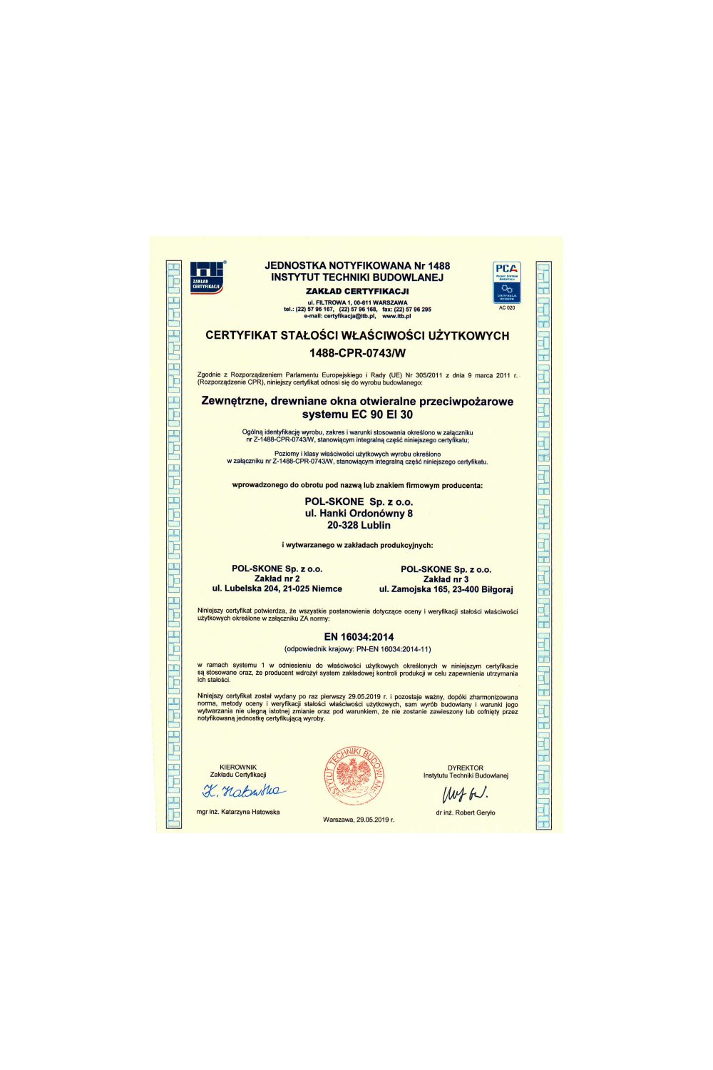 Certyfikat stałości właściwości użytkowych Nr 1488-CPR-0743/W - zdjęcie