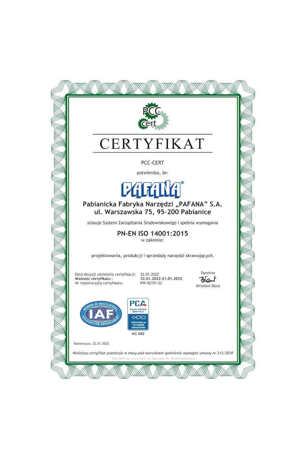Certyfikat PCC-Cert PN-EN ISO 14001:2015 - zdjęcie