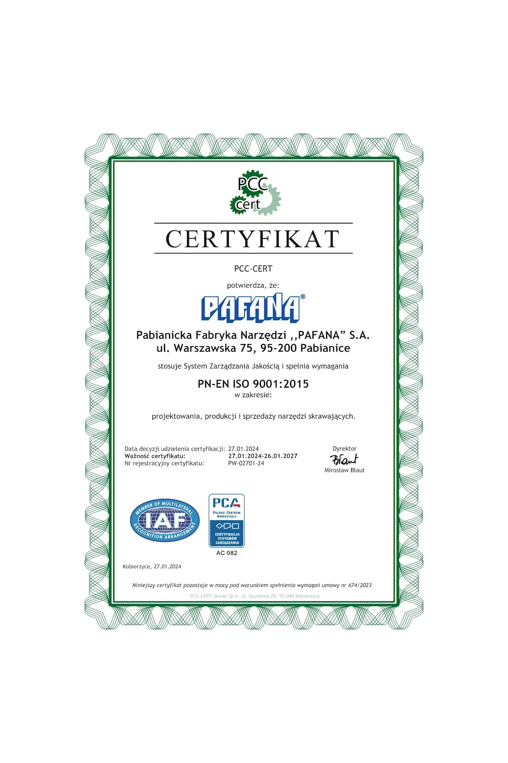 Certyfikat PCC-Cert PN-EN ISO 9001:2015 - zdjęcie