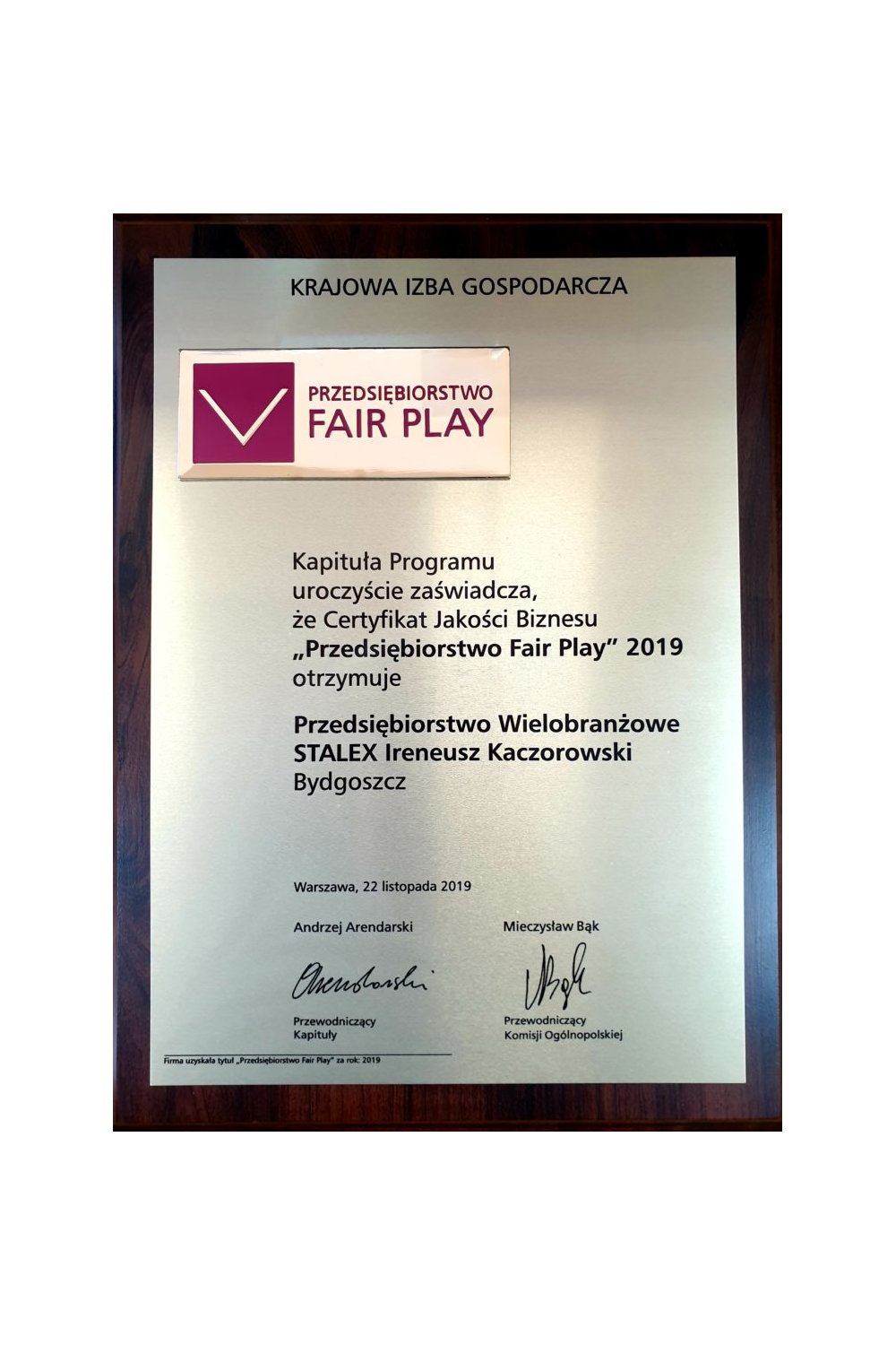 Certyfikat Jakości Biznesu "Przedsiębiorstwo Fair Play" 2019 - zdjęcie