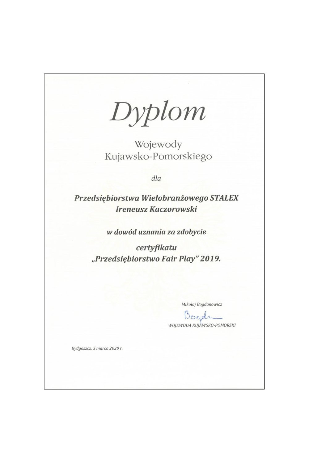Dyplom Wojewody Kujawsko-Pomorskiego - zdjęcie