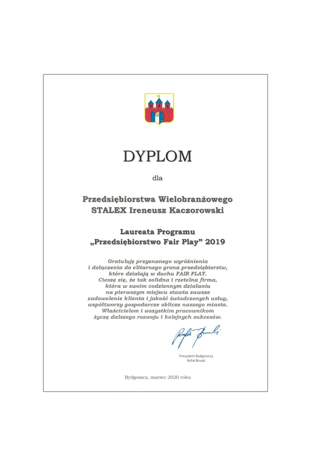 Dyplom Prezydenta Bydgoszczy - zdjęcie