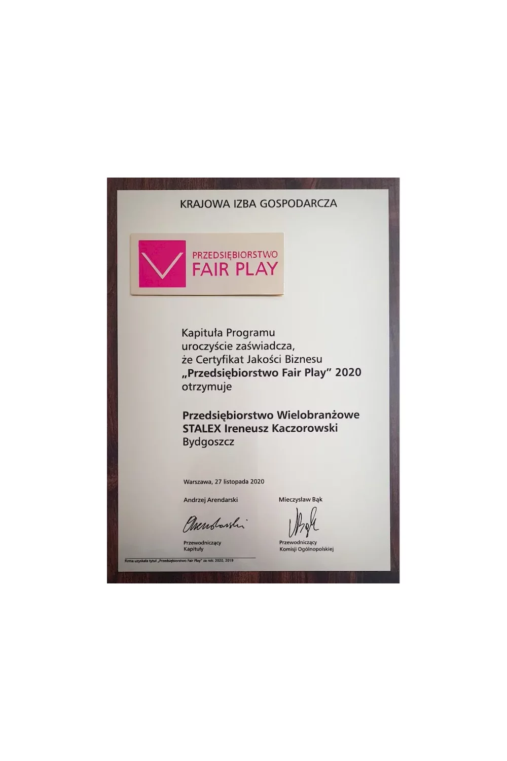 Certyfikat Jakości Biznesu "Przedsiębiorstwo Fair Play" 2020 - zdjęcie