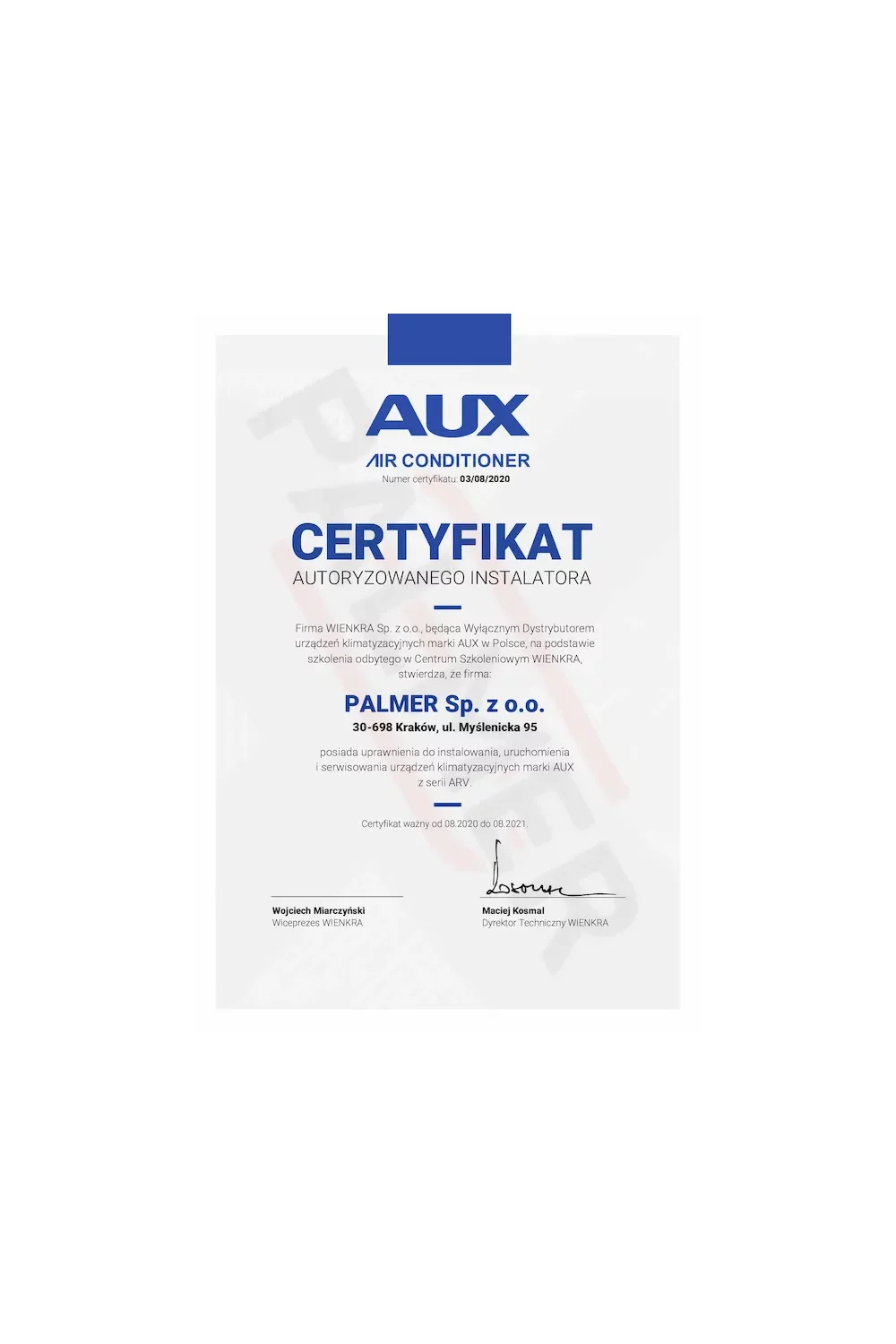Certyfikat Autoryzowanego Instalatora AUX - zdjęcie