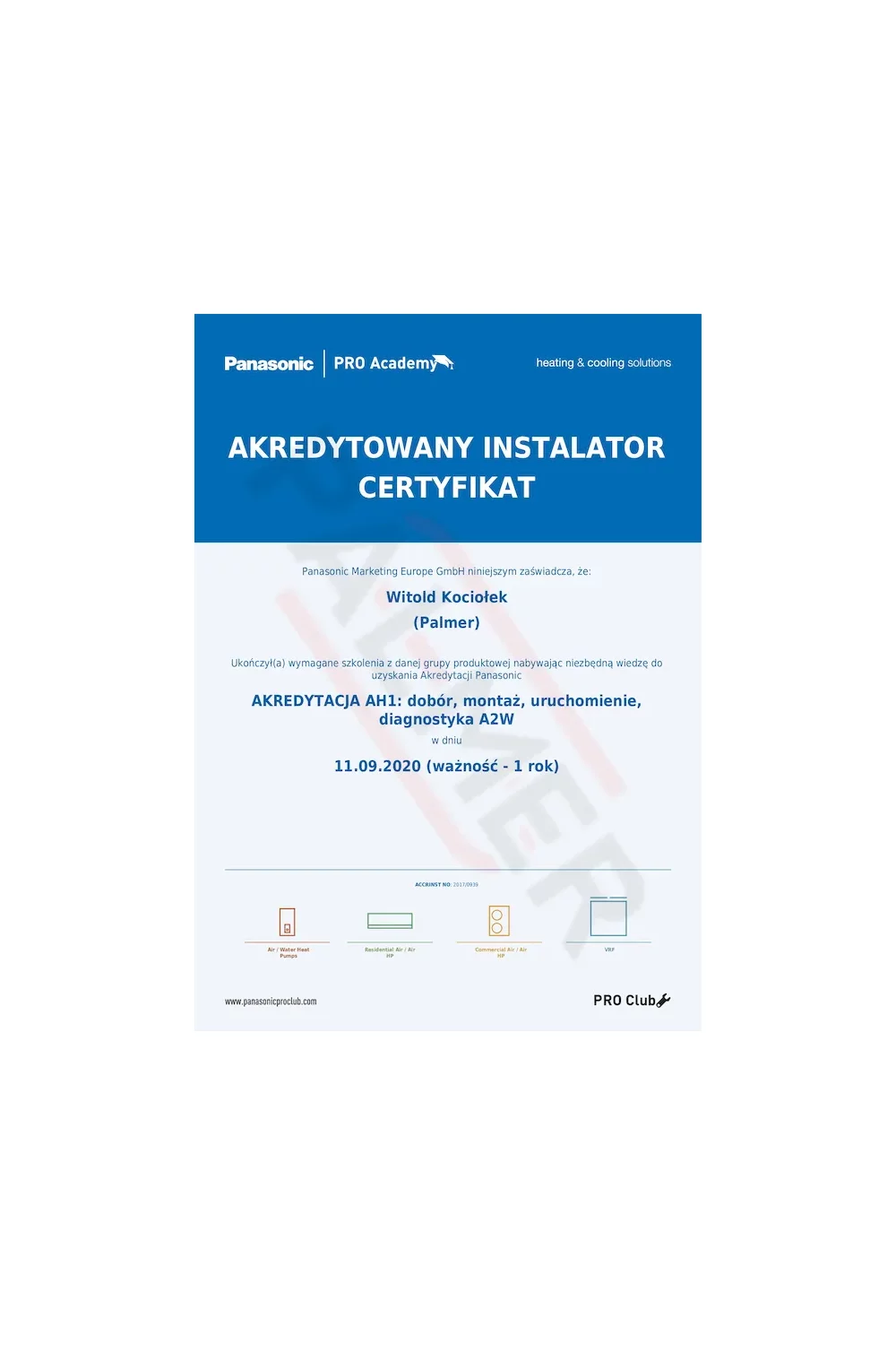Certyfikat Autoryzowanego Instalatora Panasonic - akredytacja AH1 - zdjęcie