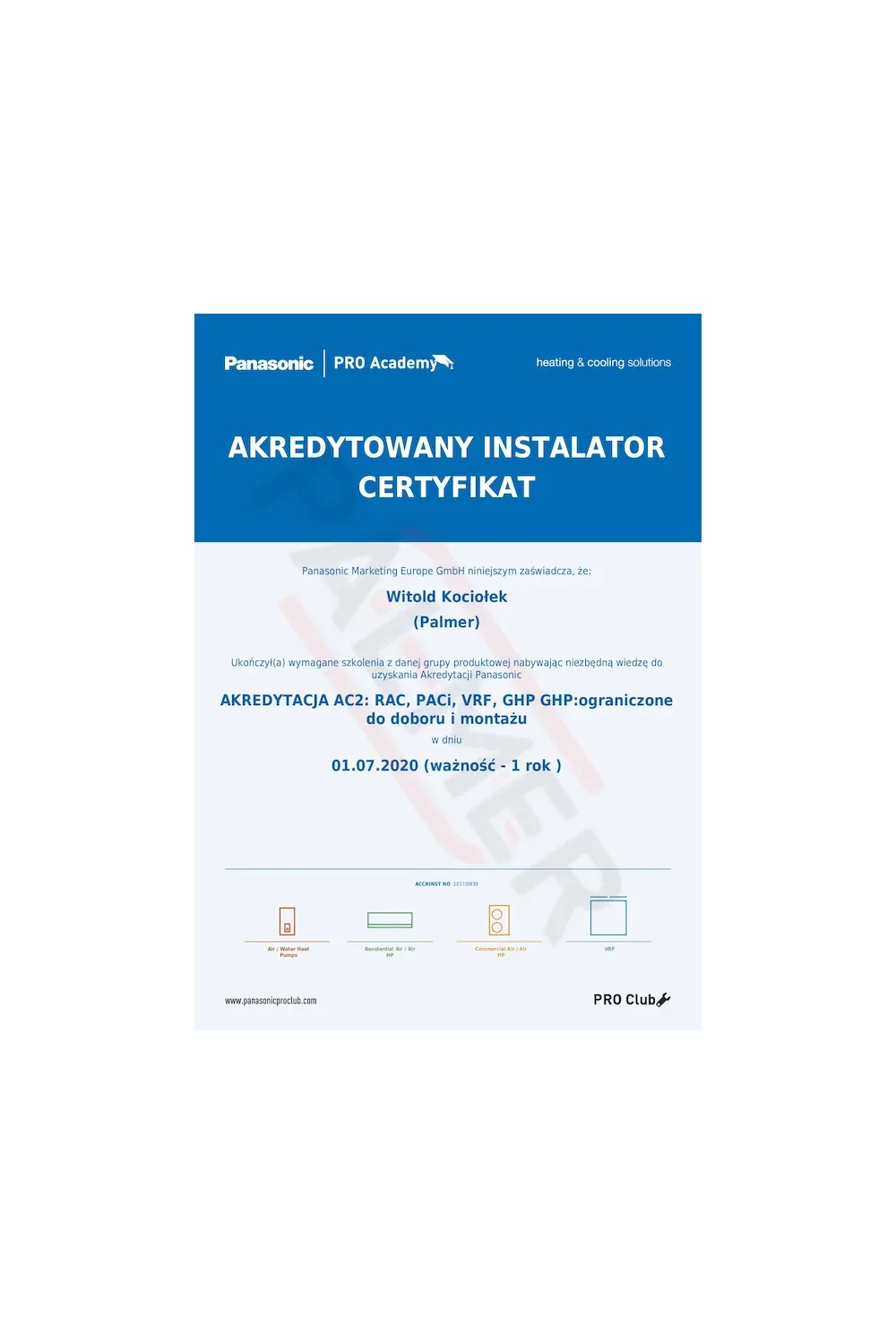 Certyfikat Autoryzowanego Instalatora Panasonic - akredytacja AC2 - zdjęcie