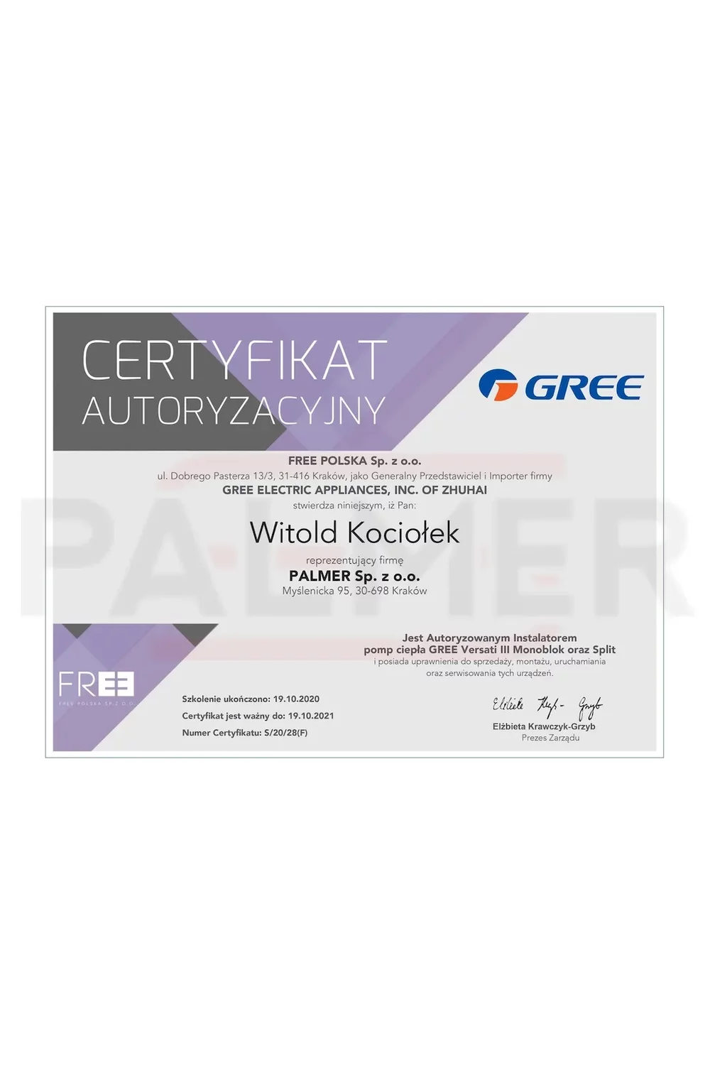 Certyfikat Autoryzacyjny GREE - zdjęcie