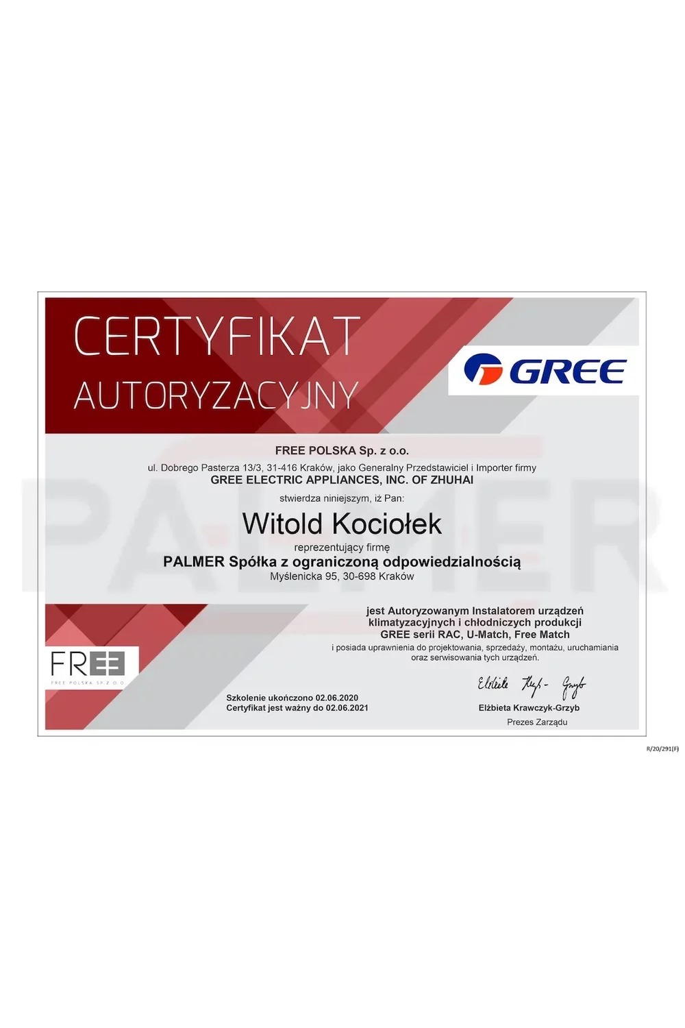 Certyfikat Autoryzacyjny GREE - zdjęcie