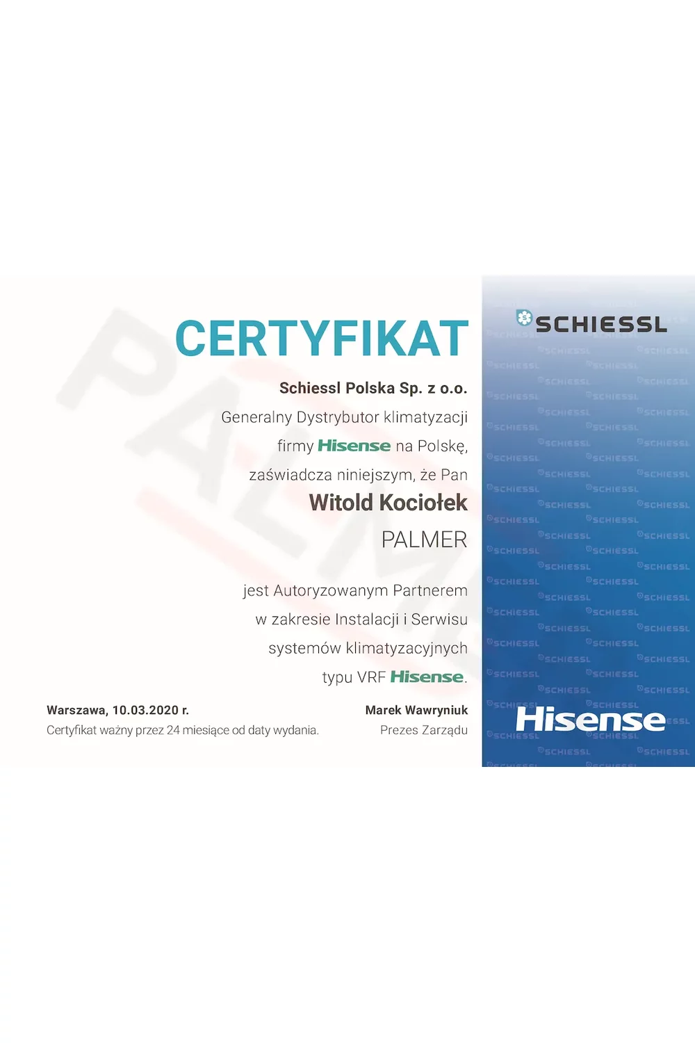 Certyfikat Schiessl - zdjęcie