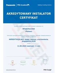 Certyfikat Autoryzowanego Instalatora Panasonic - akredytacja AH1 - zdjęcie